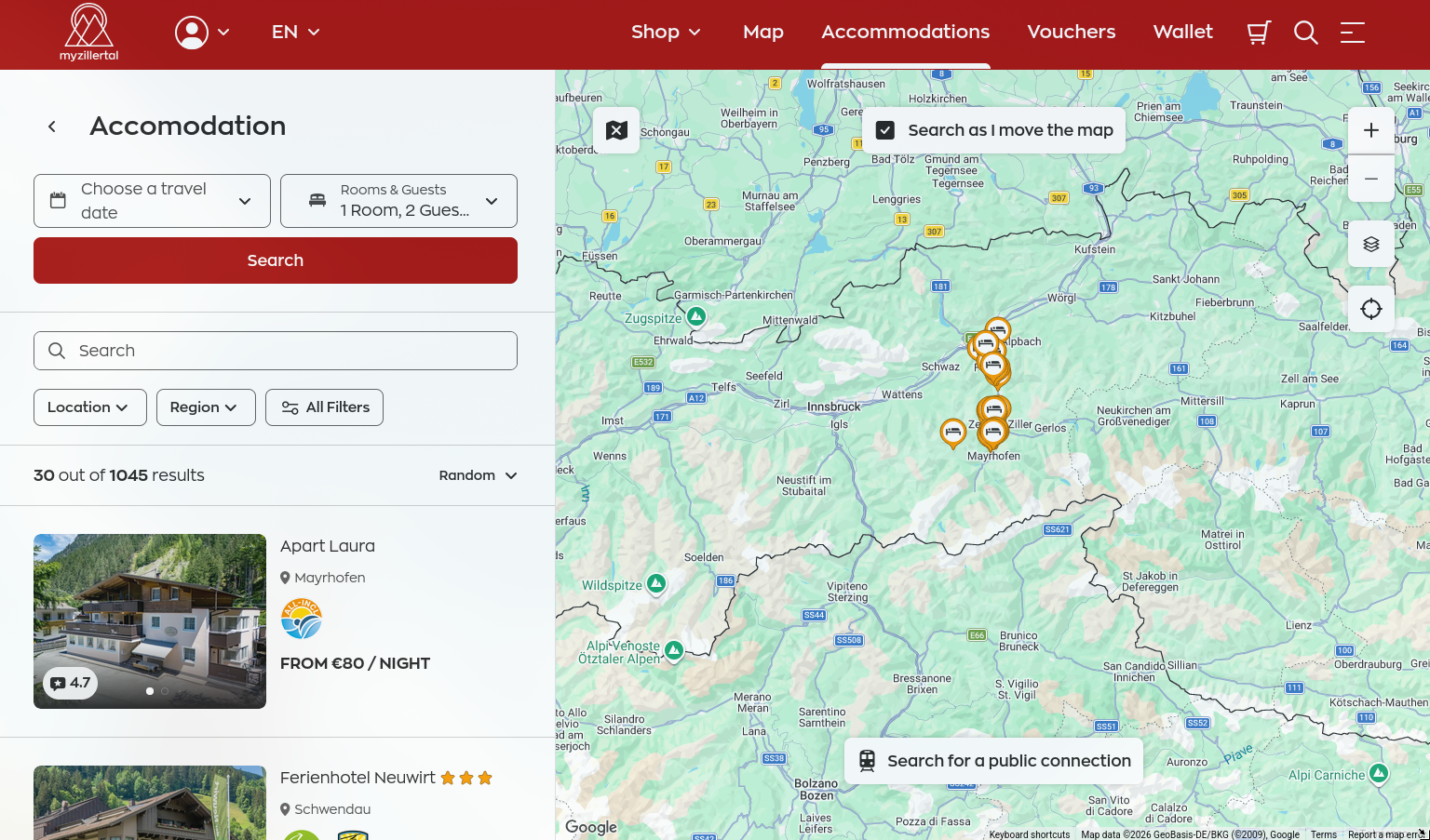 myZillertal accommodation search with interactive map