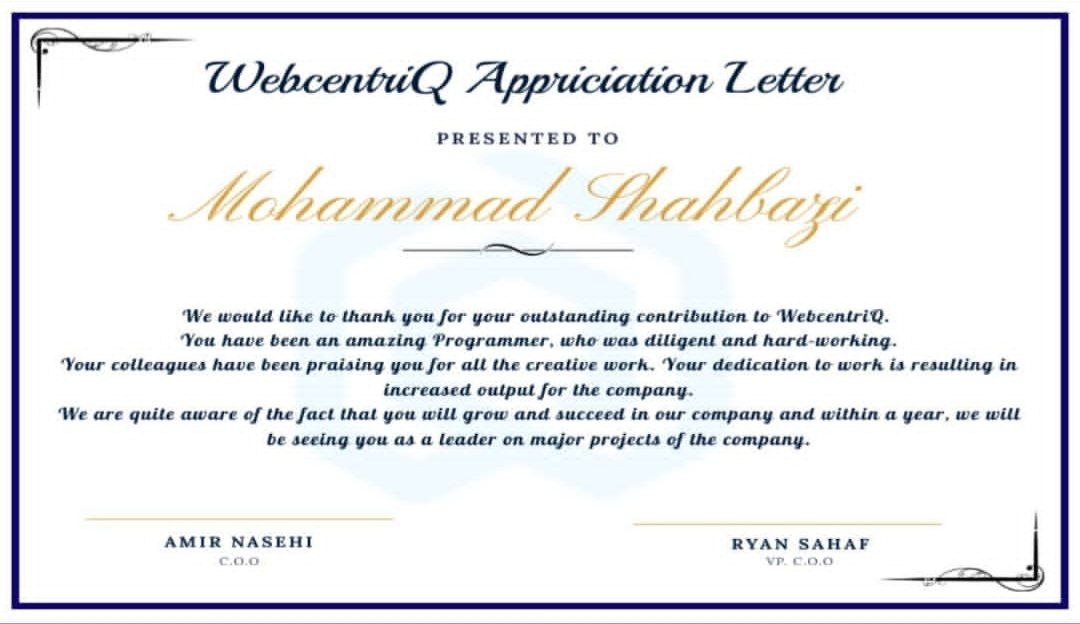 WebcentriQ appreciation letter